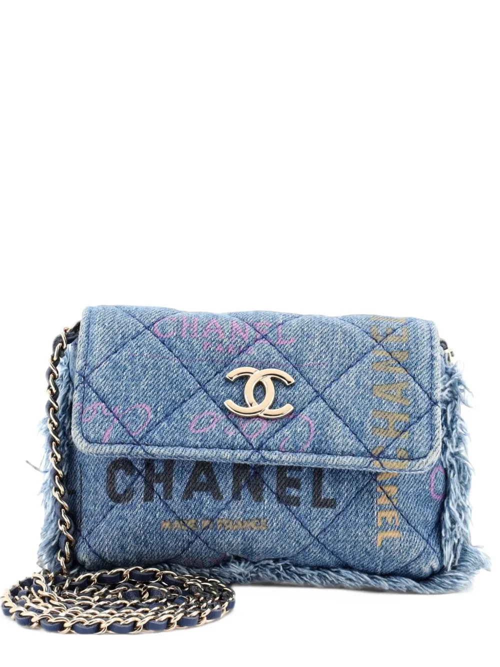 CHANEL Pre-Owned Denim Mood Flap Clutch with Chain Logo Printed Quilted Fringe Denim crossbody bag - Blau