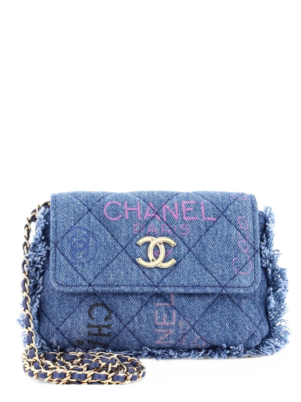 CHANEL Pre-Owned Denim Mood Flap Clutch with Chain Logo Printed Quilted Fringe Denim crossbody bag - Blau
