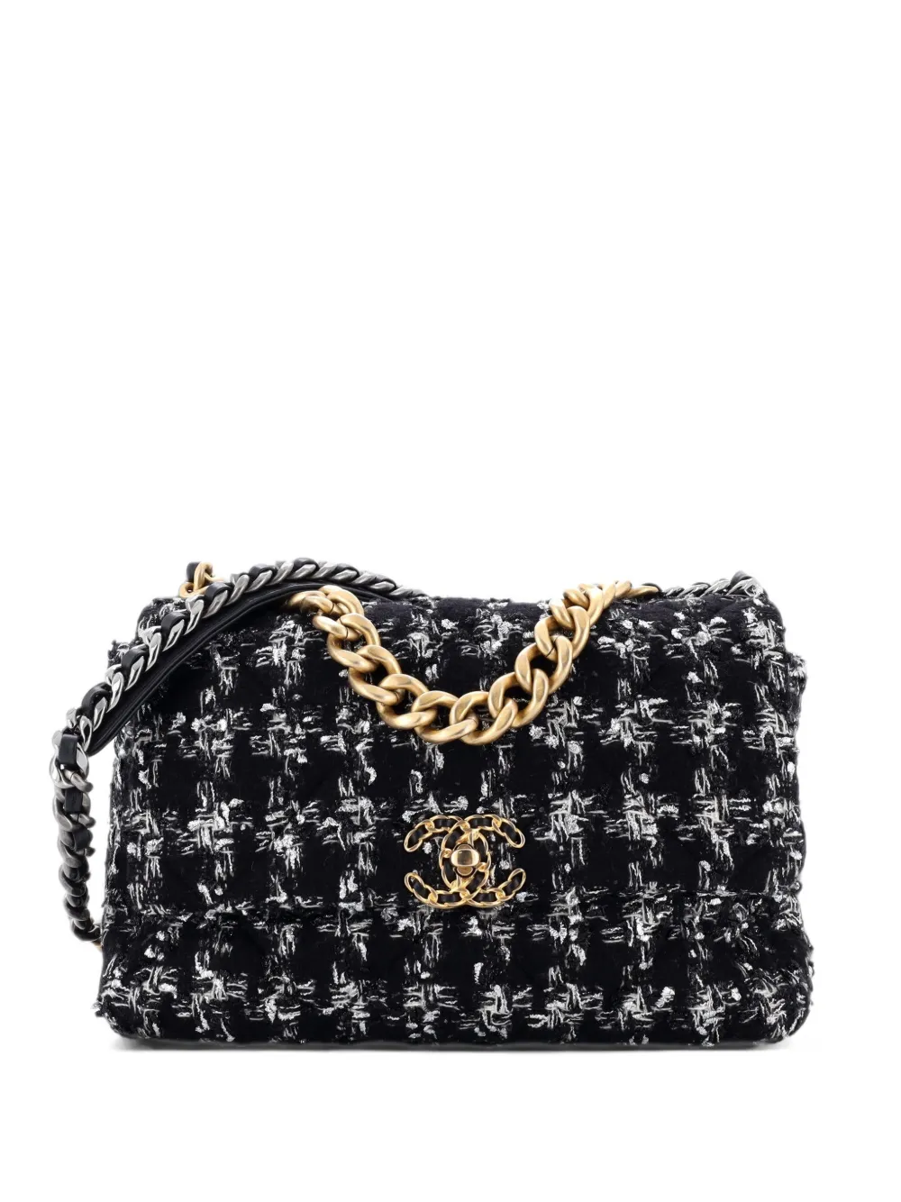 CHANEL Pre-Owned 19 Flap Bag Quilted Houndstooth Tweed and Ribbon Large crossbody bag - Schwarz
