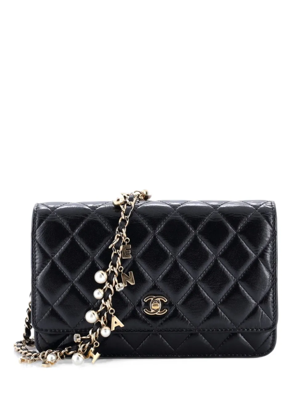CHANEL Pre-Owned Pearl Charm Wallet on Chain Quilted Glazed Calfskin crossbody bag - Black