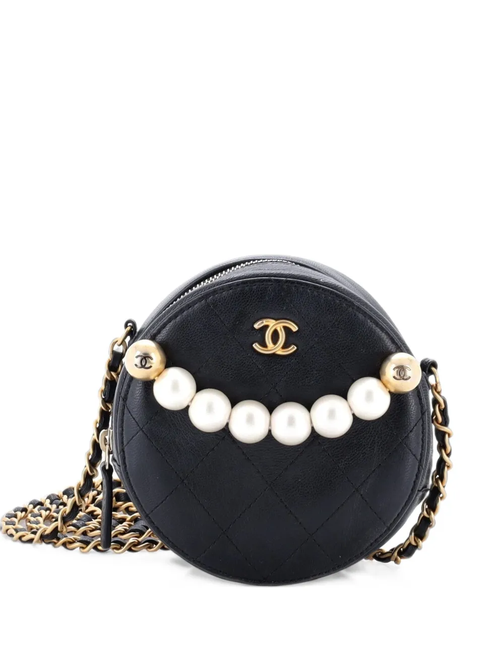 CHANEL Pre-Owned Chic Pearls Round Clutch with Chain Quilted Lambskin crossbody bag - Black