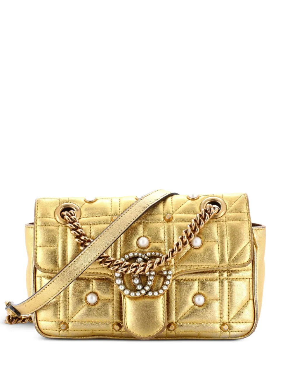 Gucci Pre-Owned Pearly GG Marmont Flap Bag Embellished Matelasse Leather Mini shoulder bag - Gold