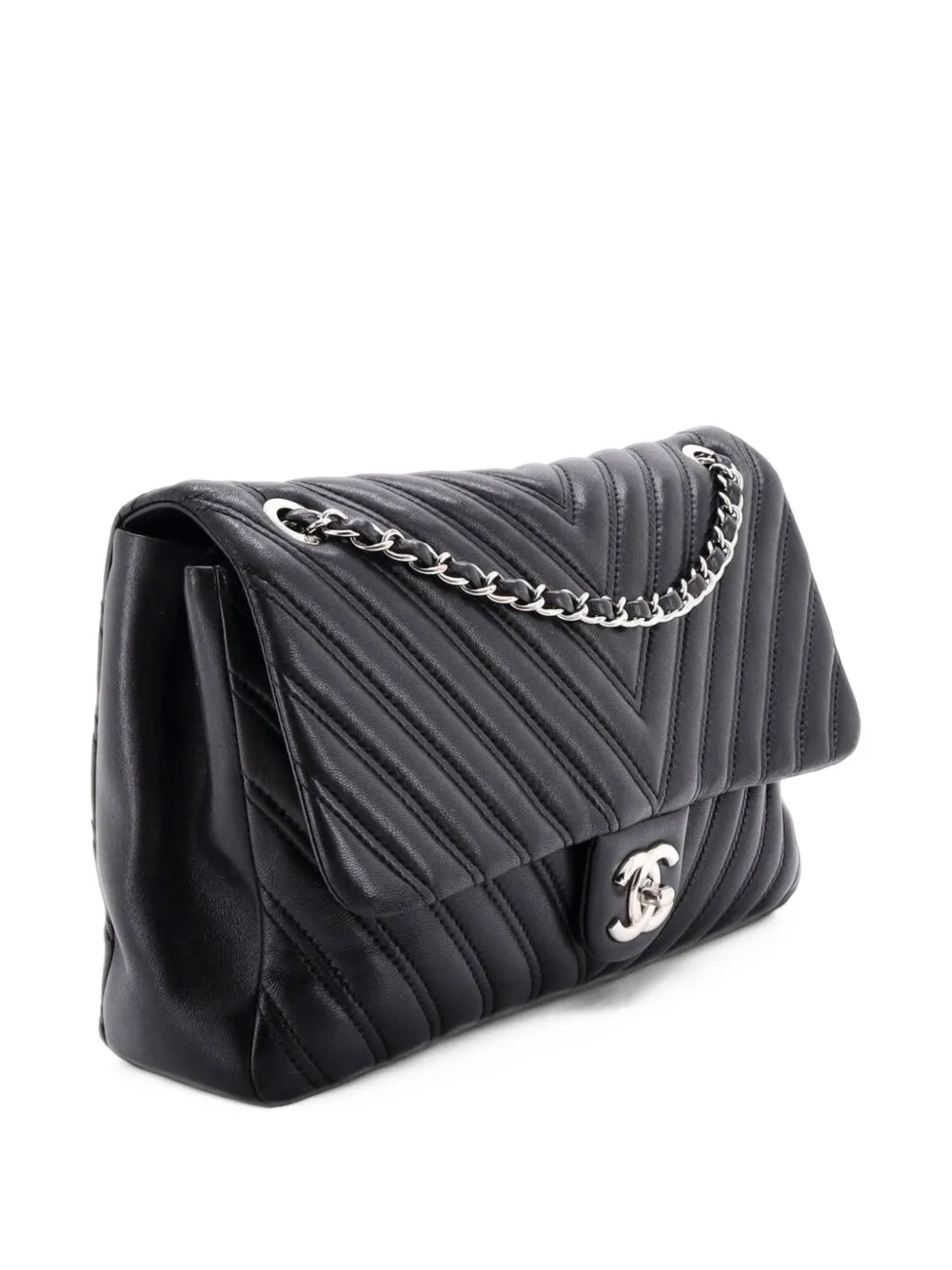 CHANEL Pre-Owned Double Stitch Flap Bag Chevron Lambskin Jumbo shoulder bag - Black