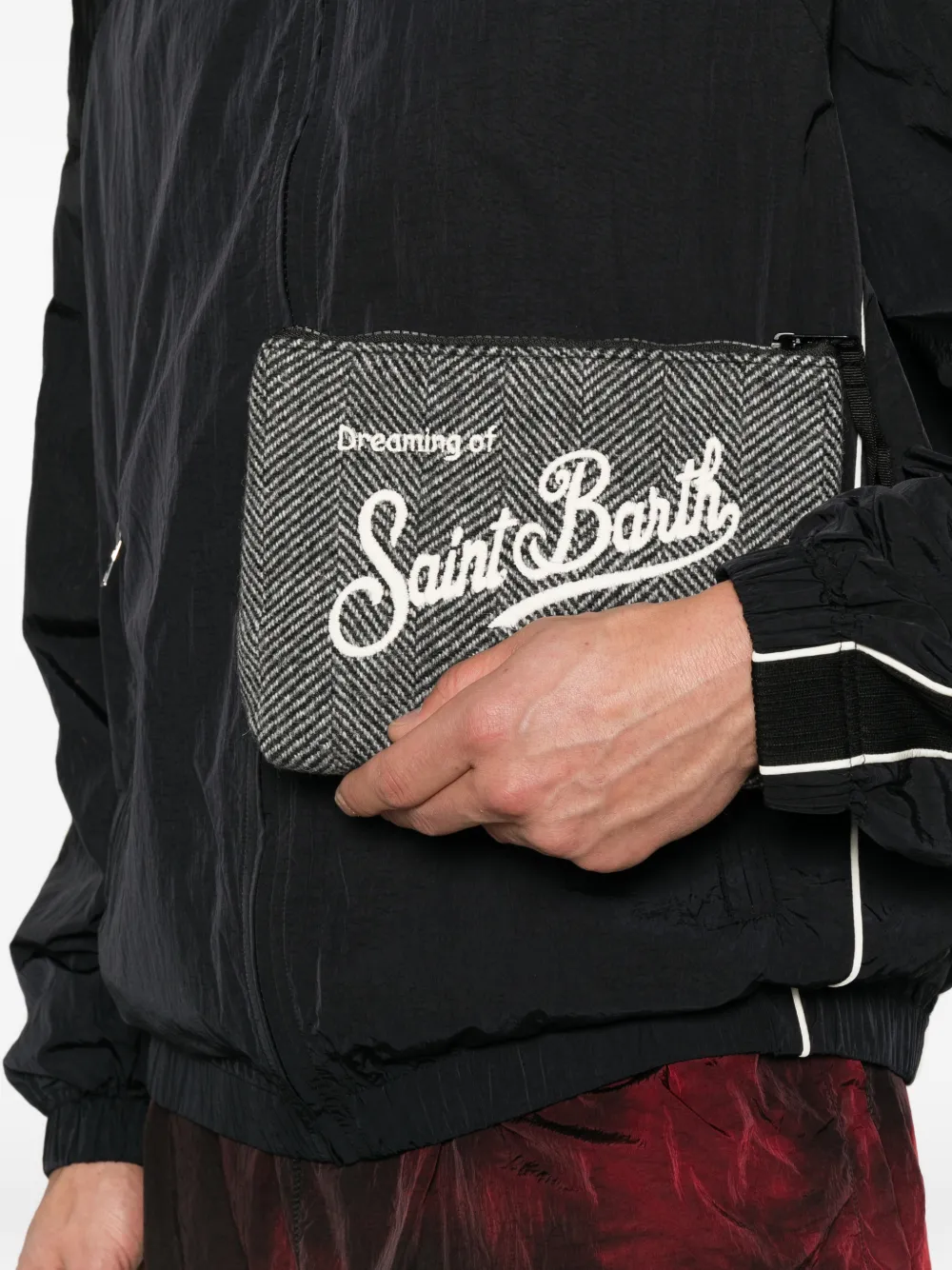 MC2 Saint Barth Aline herringbone-pattern embroidered pouch and Wengen beanie hat set Grijs