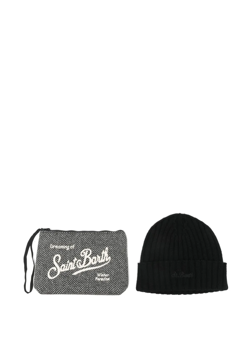 MC2 Saint Barth Aline herringbone-pattern embroidered pouch and Wengen beanie hat set Grijs
