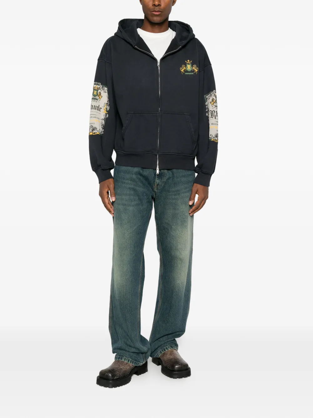 RHUDE graphic-print zip-up hoodie Zwart