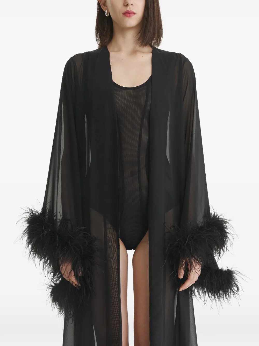 2310 STUDIO feather-trim sheer robe - Schwarz