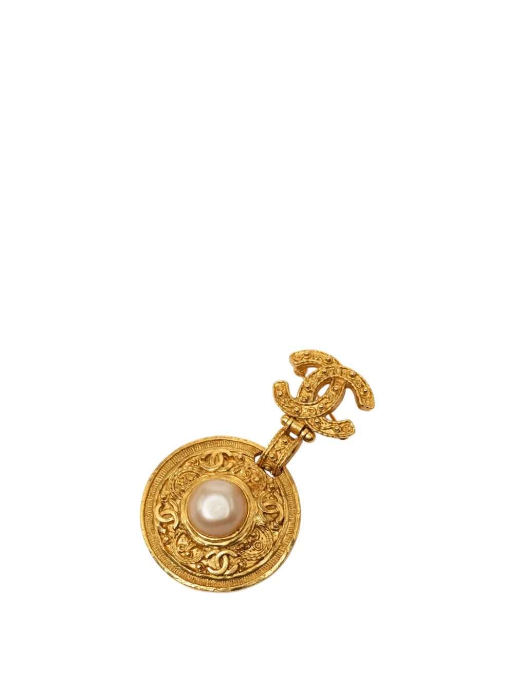 CHANEL Pre-Owned 1994 CC Gold Plated Faux Pearl Medallion Brooch costume brooch