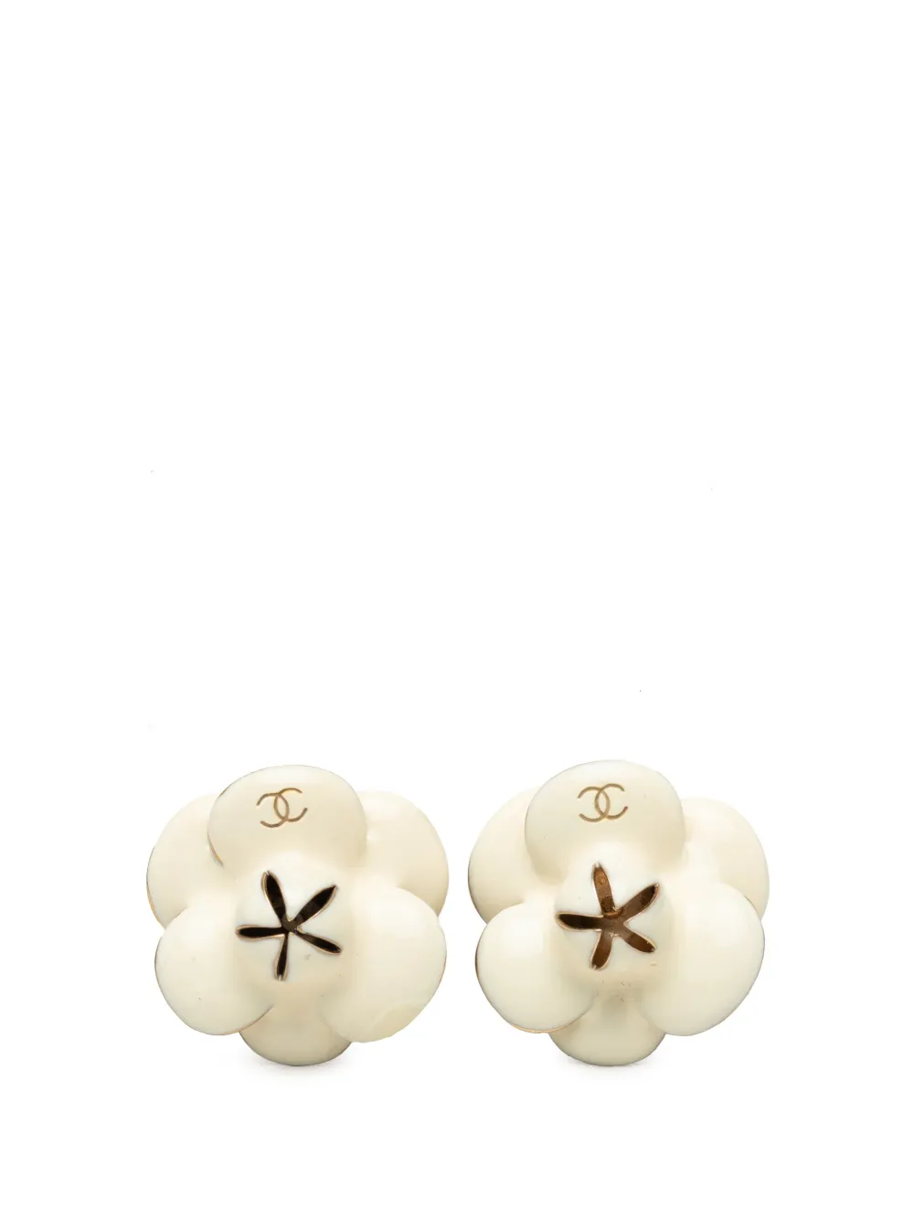 CHANEL Pre-Owned 1992 CC Gold Plated Enamel Camellia Clip On Earrings costume earrings - White