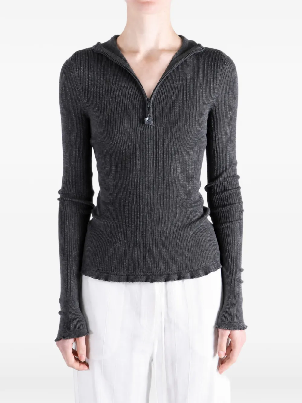 Cecilie Bahnsen ruffled-trim zip-up hoodie Grijs