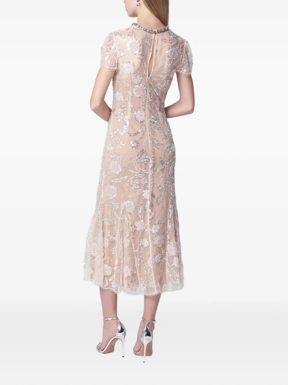 Self-Portrait Midi-jurk verfraaid met pailletten en roze bloem Beige