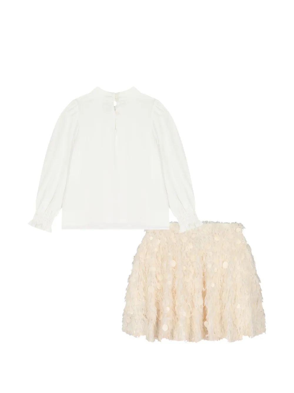 Abel & Lula Blouse en rok verfraaid met pailletten en ruches Beige