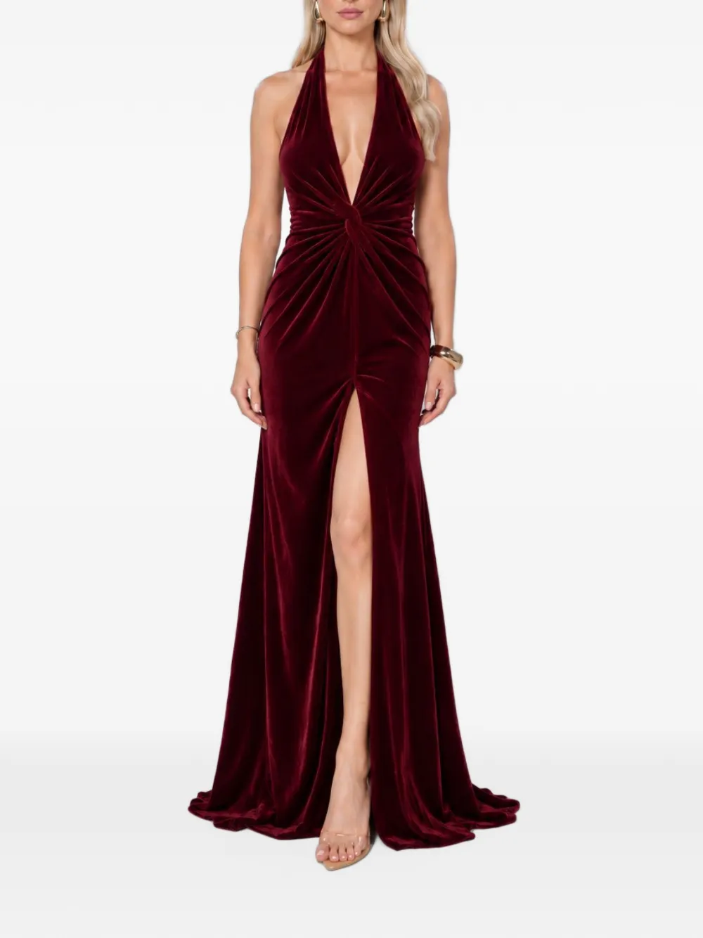 ROSERRY Sienna fluwelen avondjurk met gedraaid detail Rood