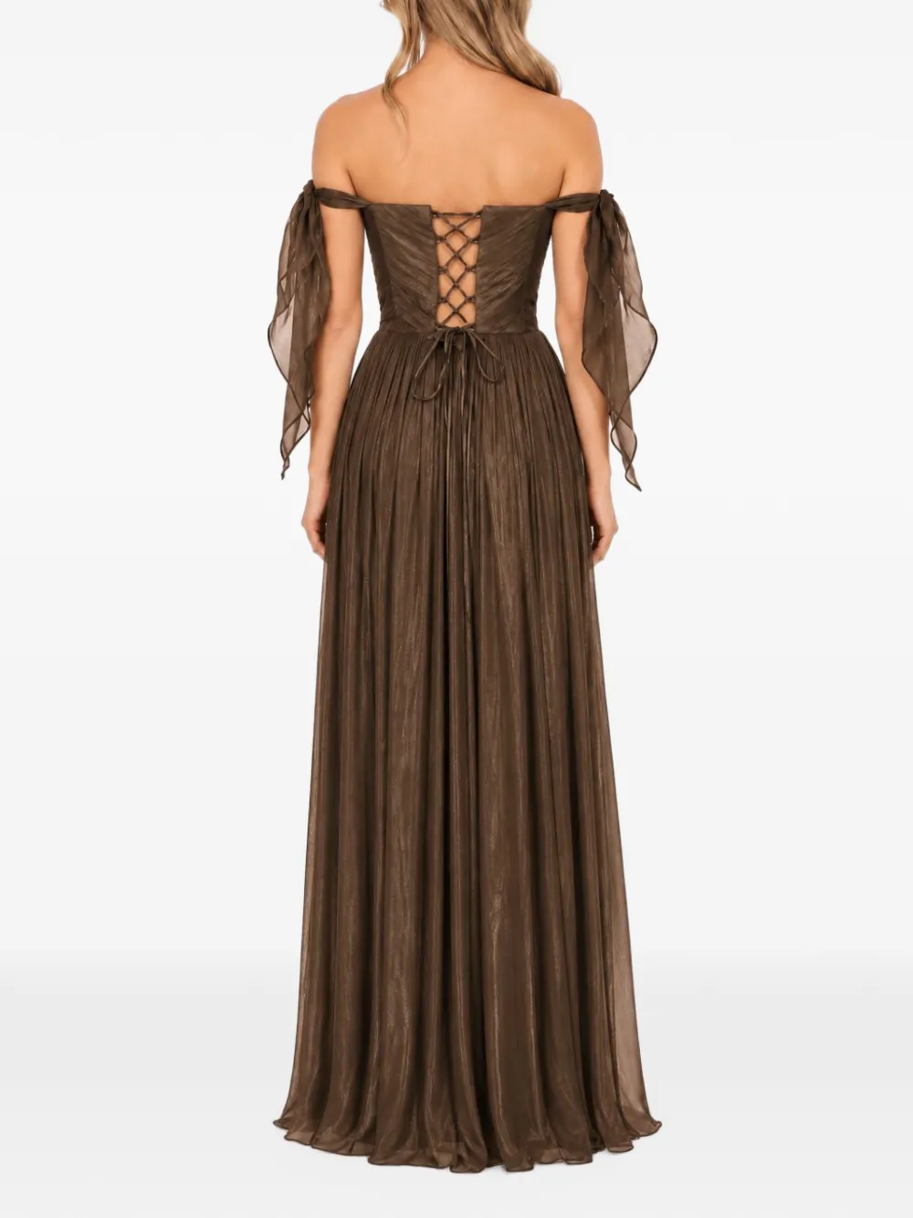 ROSERRY Elizabeth off-shoulder maxi-jurk met ruches Bruin