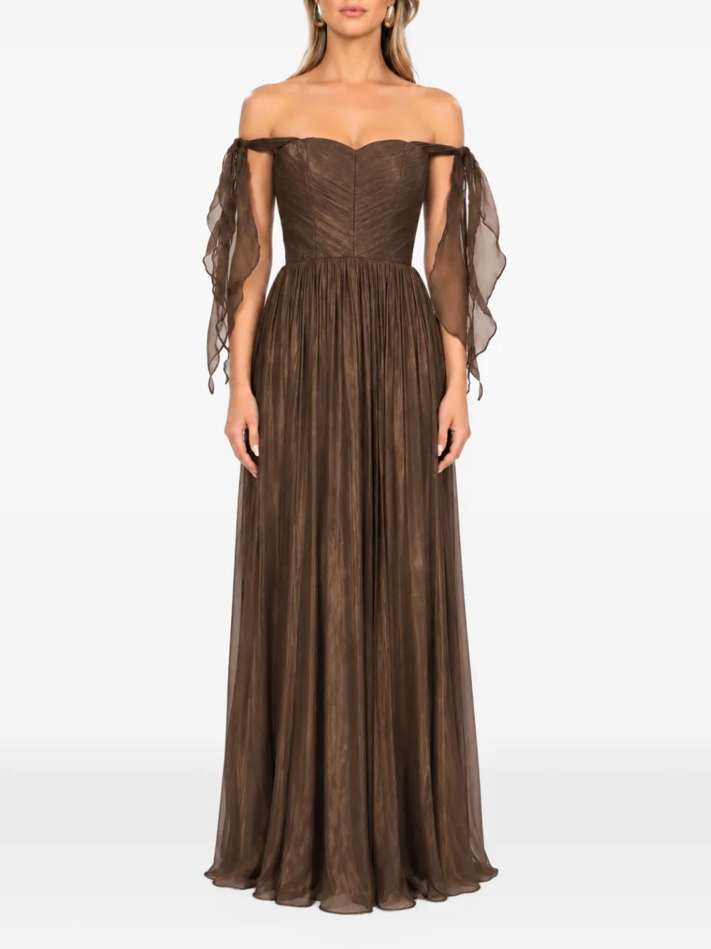 ROSERRY Elizabeth off-shoulder maxi-jurk met ruches Bruin