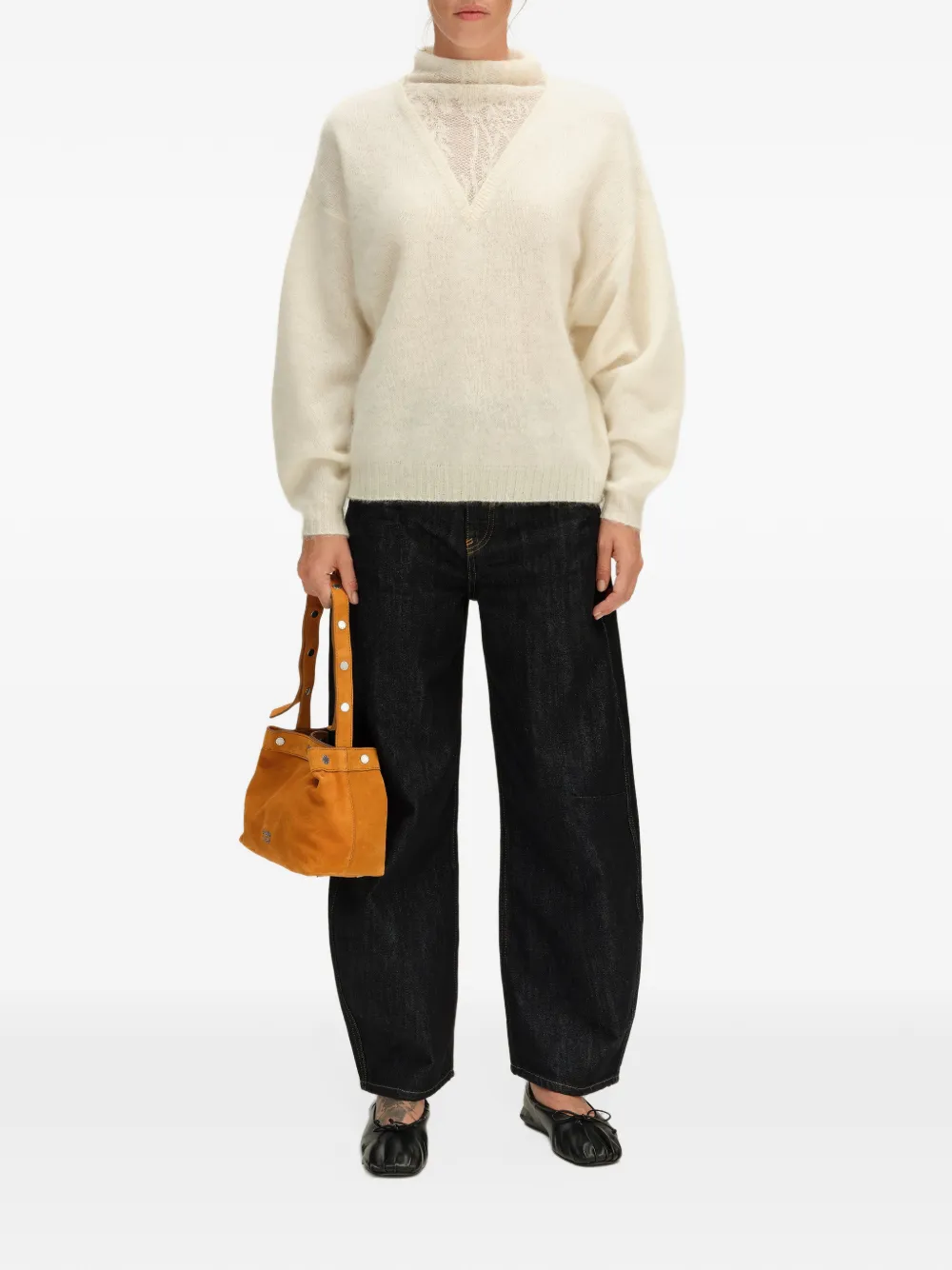 BIMBA Y LOLA ivory wool openwork high-neck sweater Beige