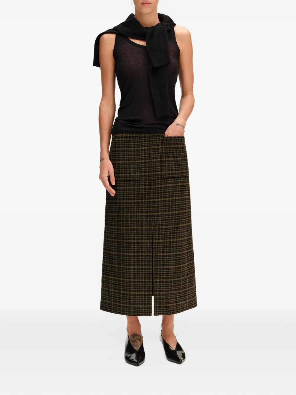 BIMBA Y LOLA faded khaki double-face checked midi skirt Bruin