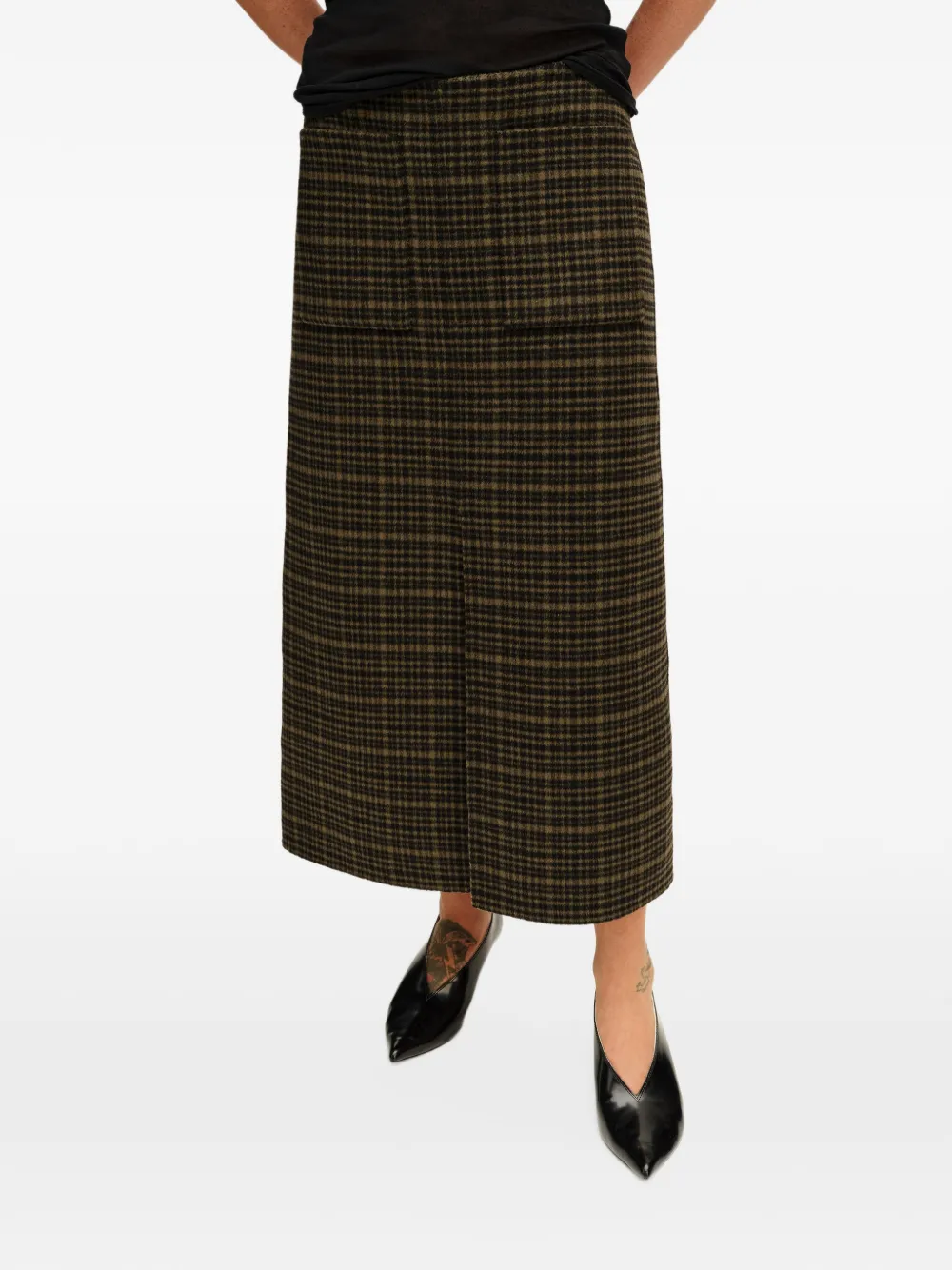 BIMBA Y LOLA faded khaki double-face checked midi skirt Bruin