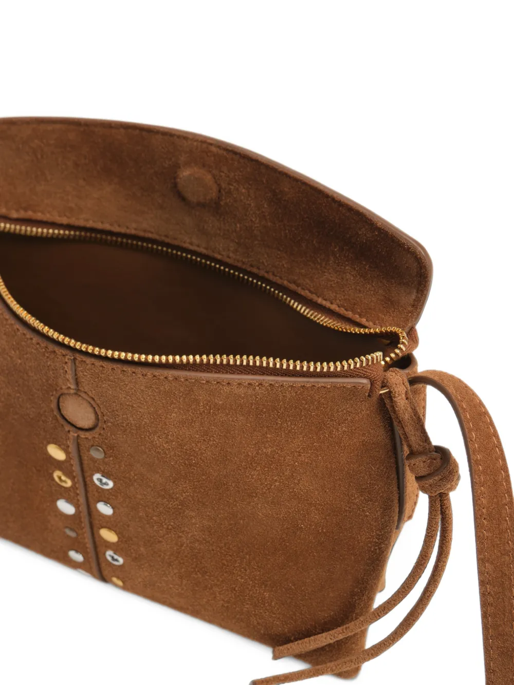 BIMBA Y LOLA small tobacco suede studded flap crossbody bag Bruin
