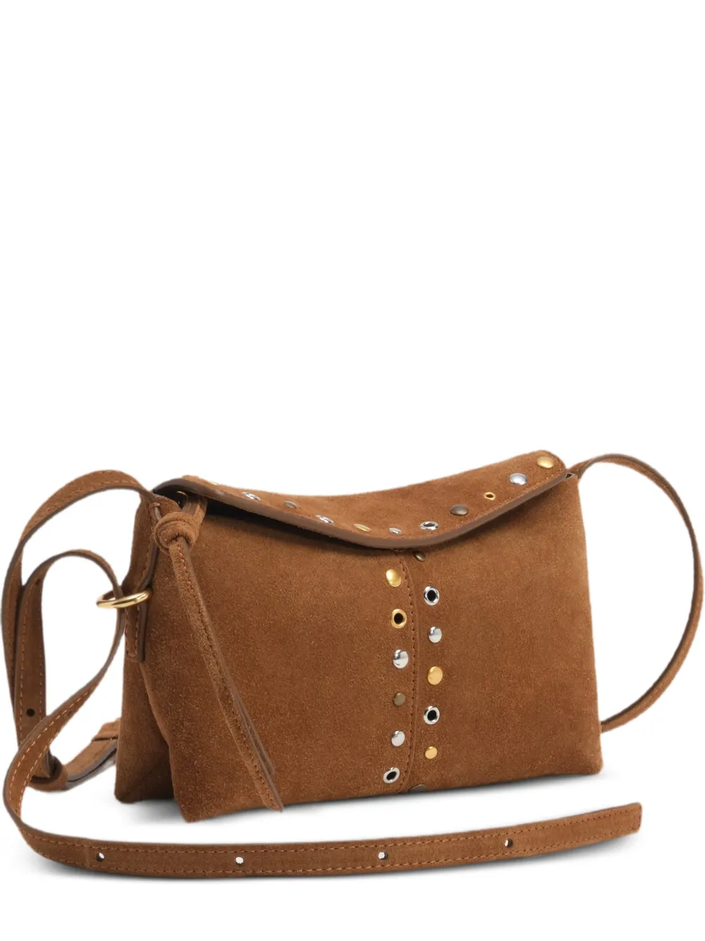 BIMBA Y LOLA small tobacco suede studded flap crossbody bag - Marrone