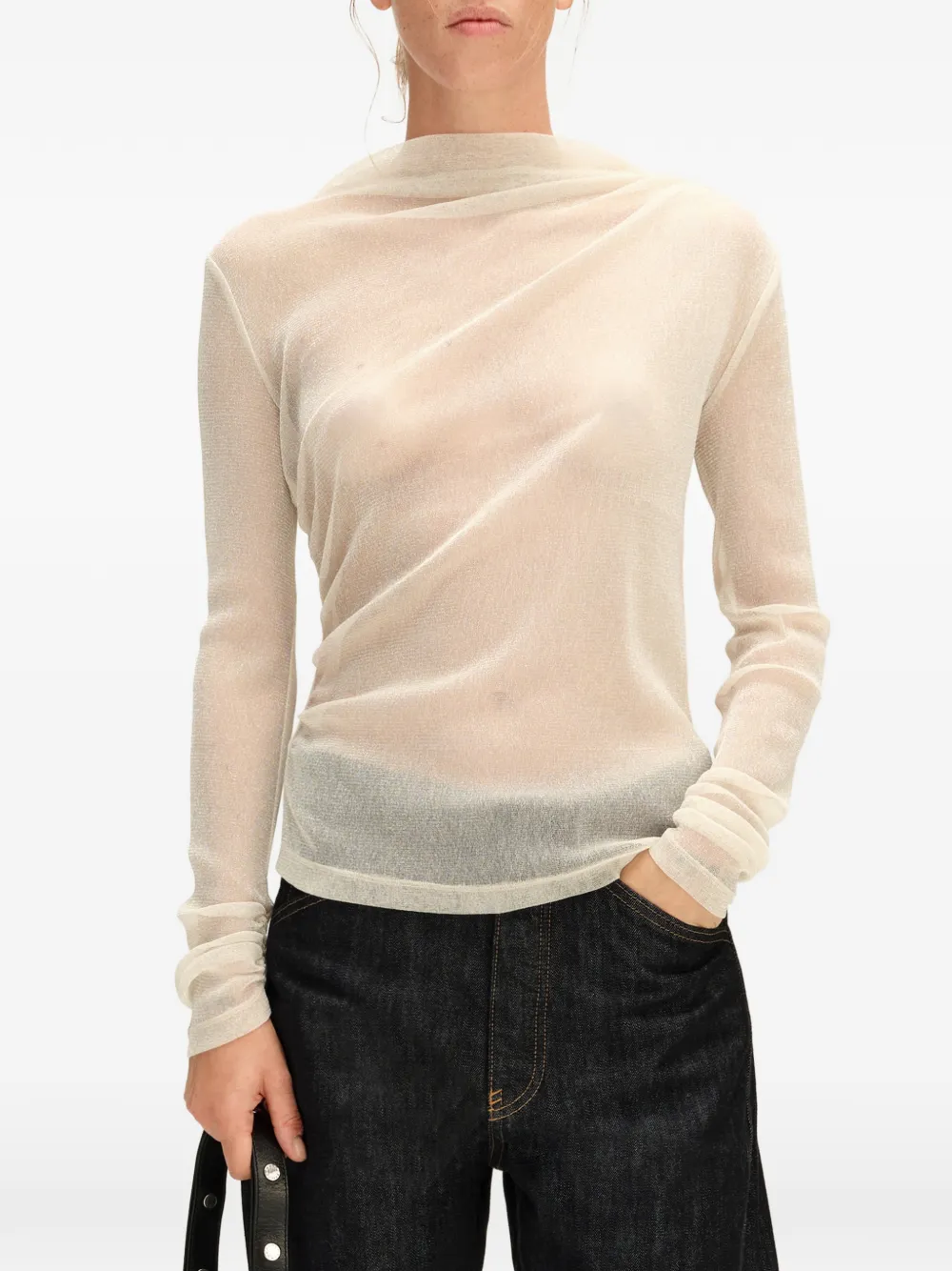 BIMBA Y LOLA ivory ruched lurex T-shirt Beige