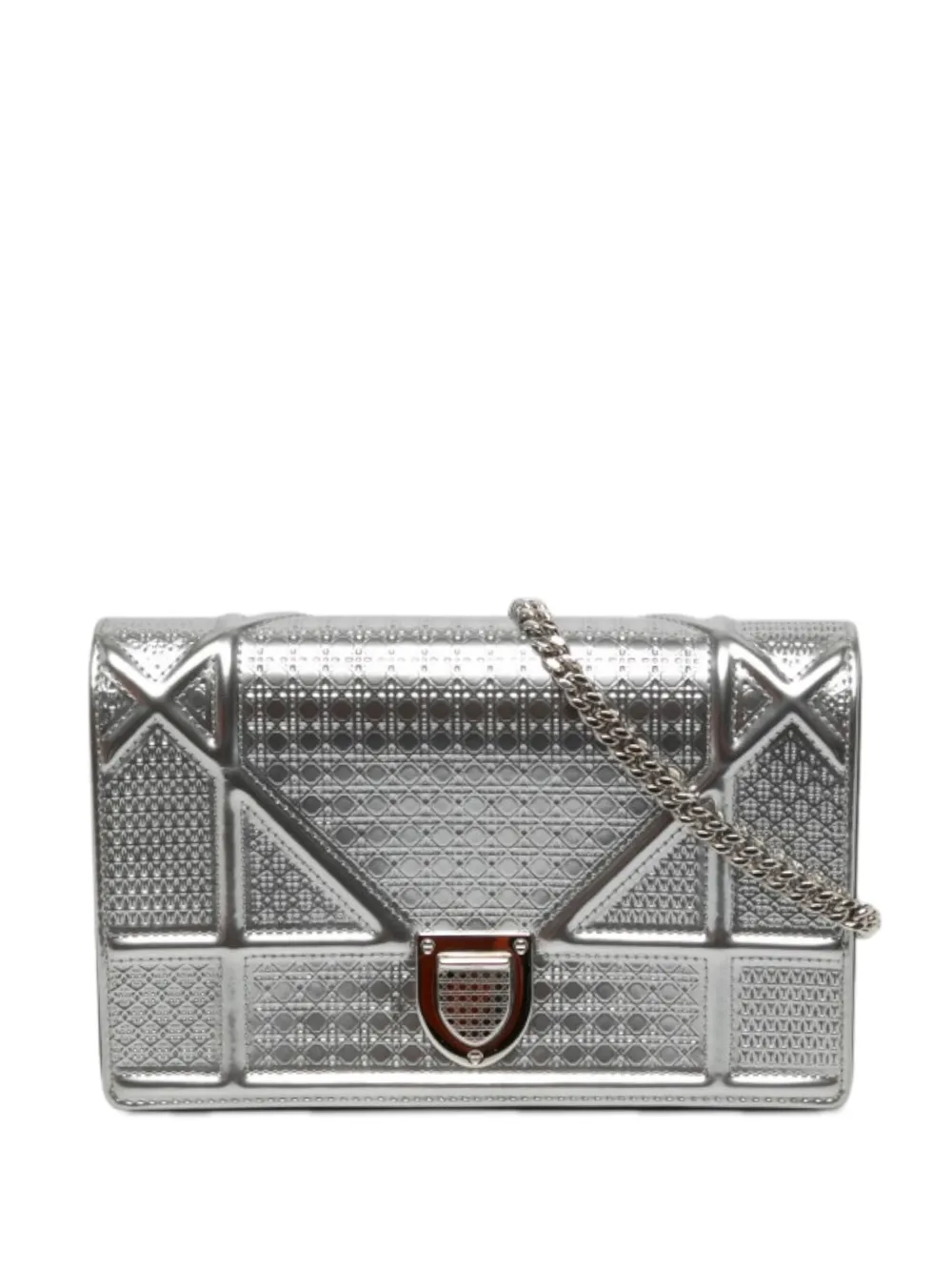 Christian Dior Pre-Owned 2019 Metallic Patent Microcannage Diorama Wallet on Chain crossbody bag - Silber