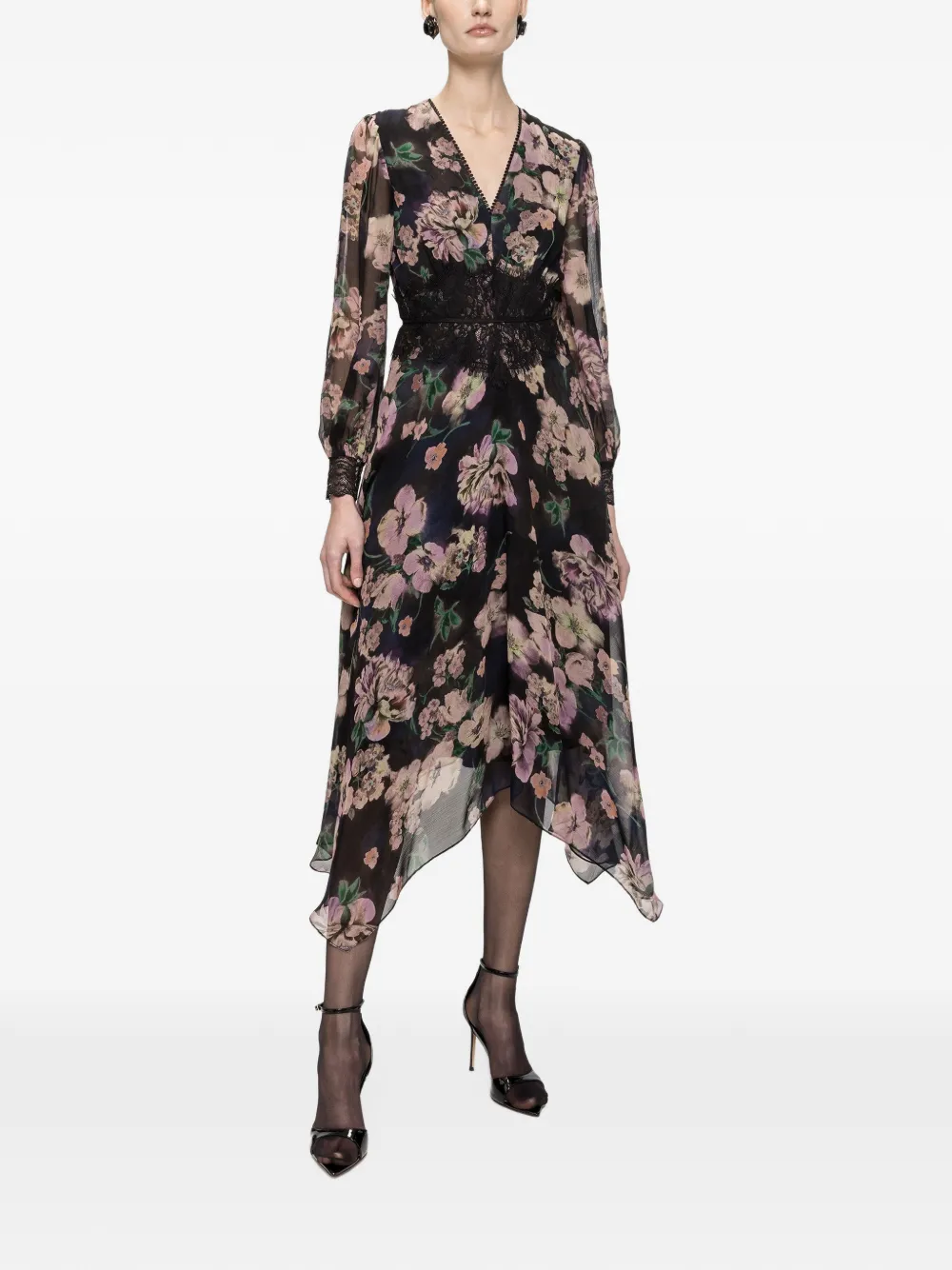 NISSA Chiffon midi-jurk met kant Zwart