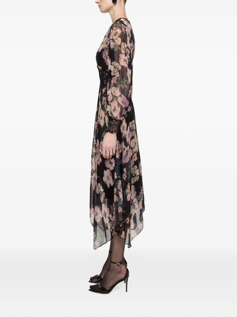 NISSA Chiffon midi-jurk met kant Zwart