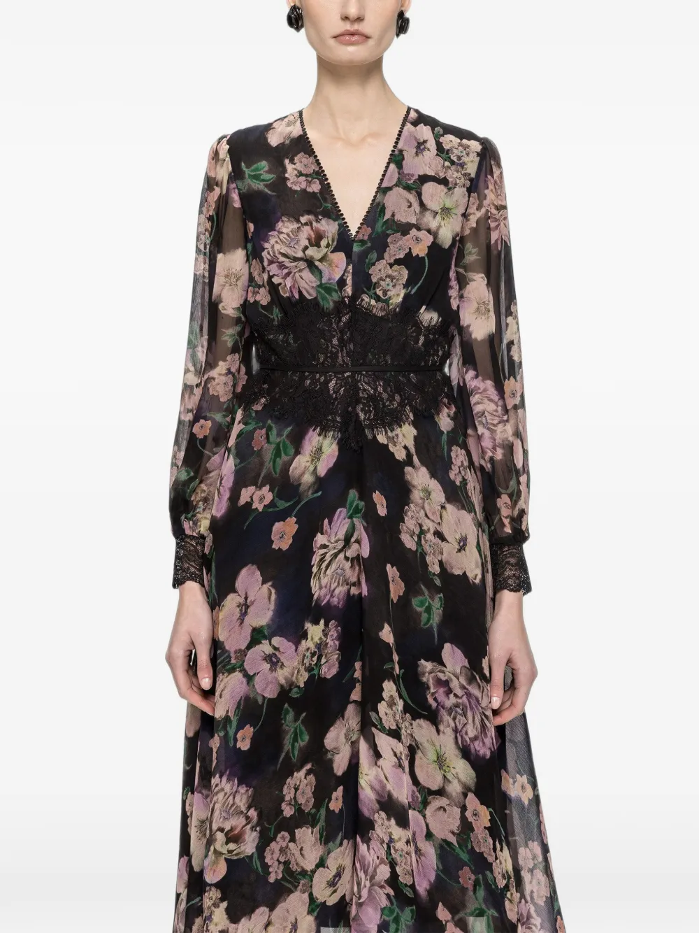 NISSA Chiffon midi-jurk met kant Zwart