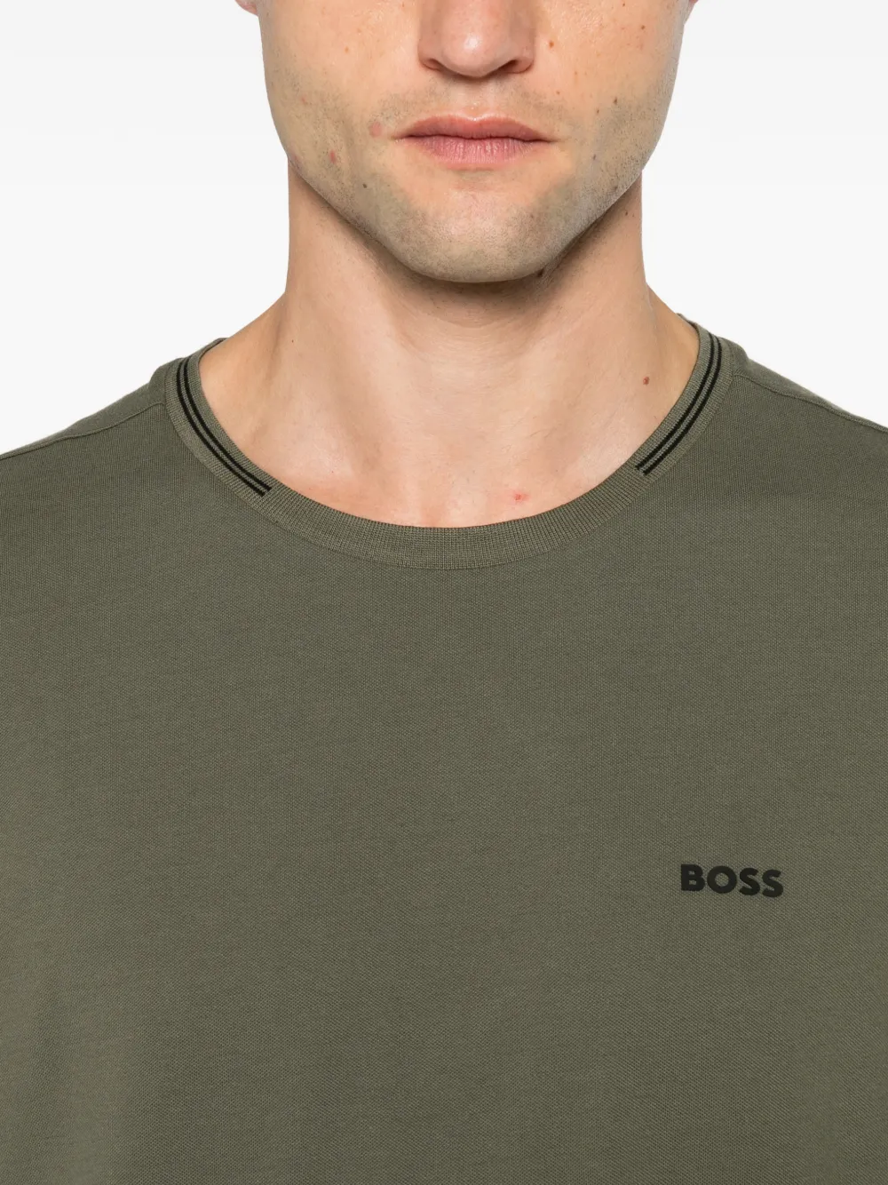 BOSS stretch-cotton T-shirt with stripes and logo Groen