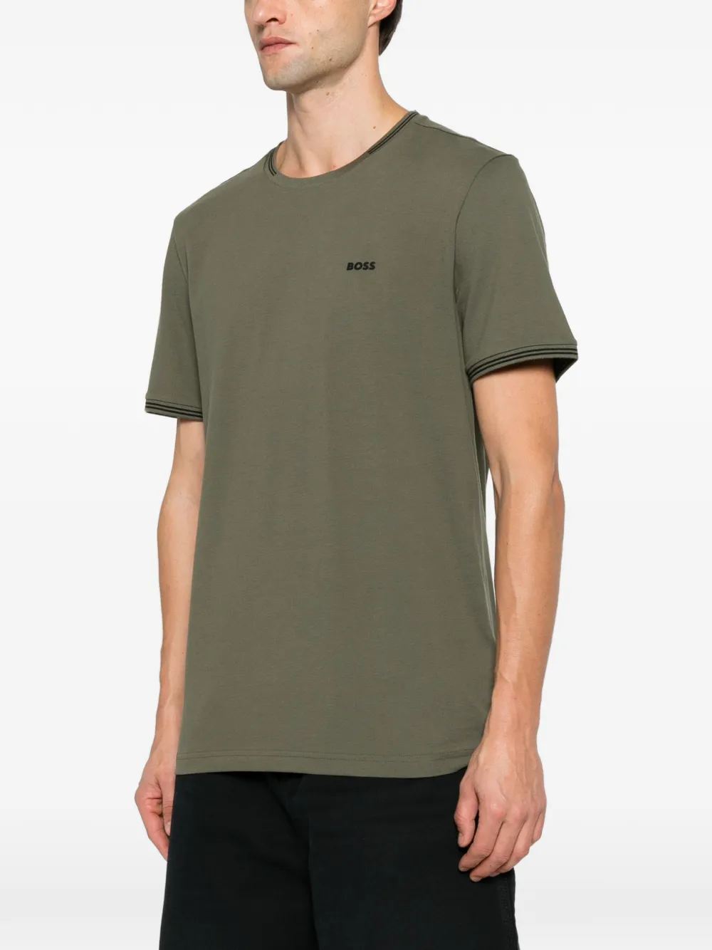 BOSS stretch-cotton T-shirt with stripes and logo Groen