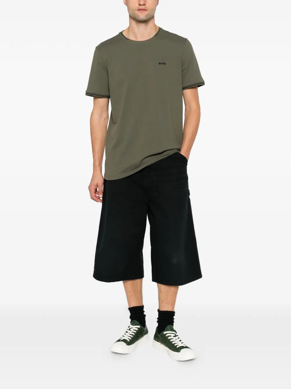 BOSS stretch-cotton T-shirt with stripes and logo Groen