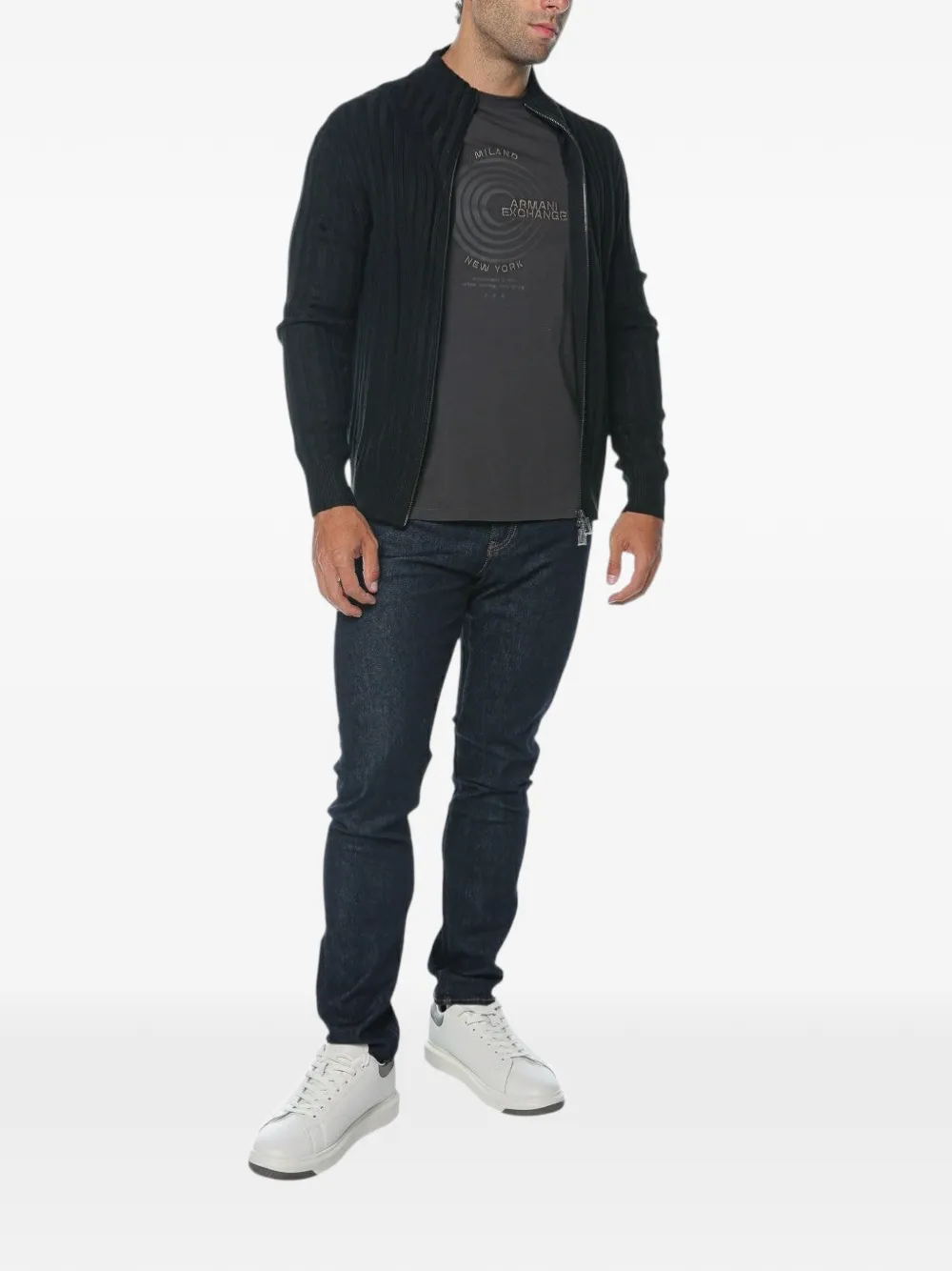 Armani Exchange ribbed-knit zip-fastening cardigan Zwart