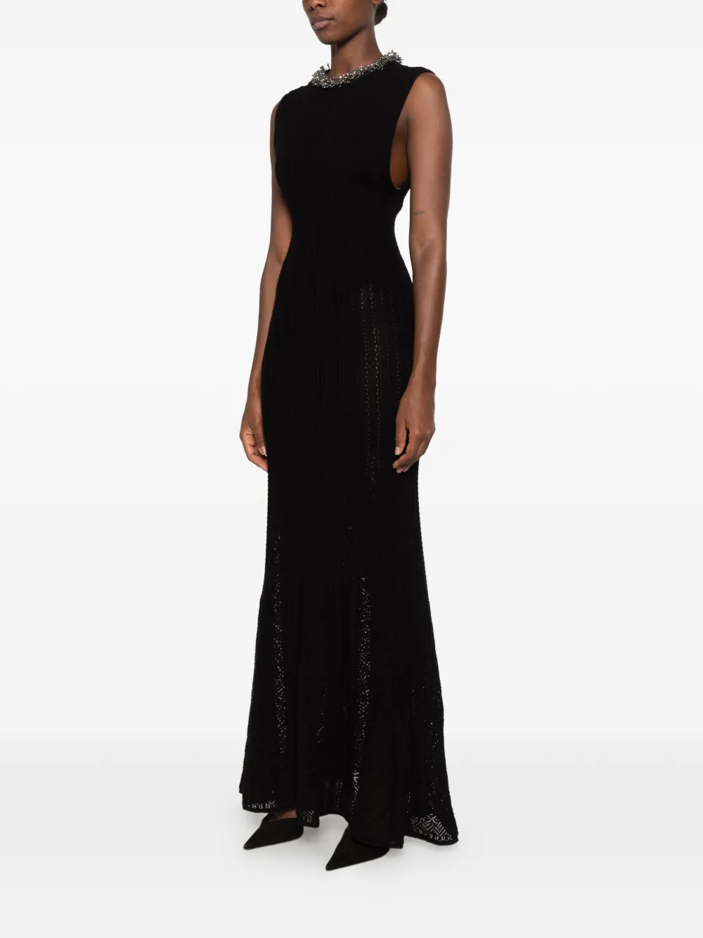 Self-Portrait crystal-embellished ribbed-knit maxi dress Zwart