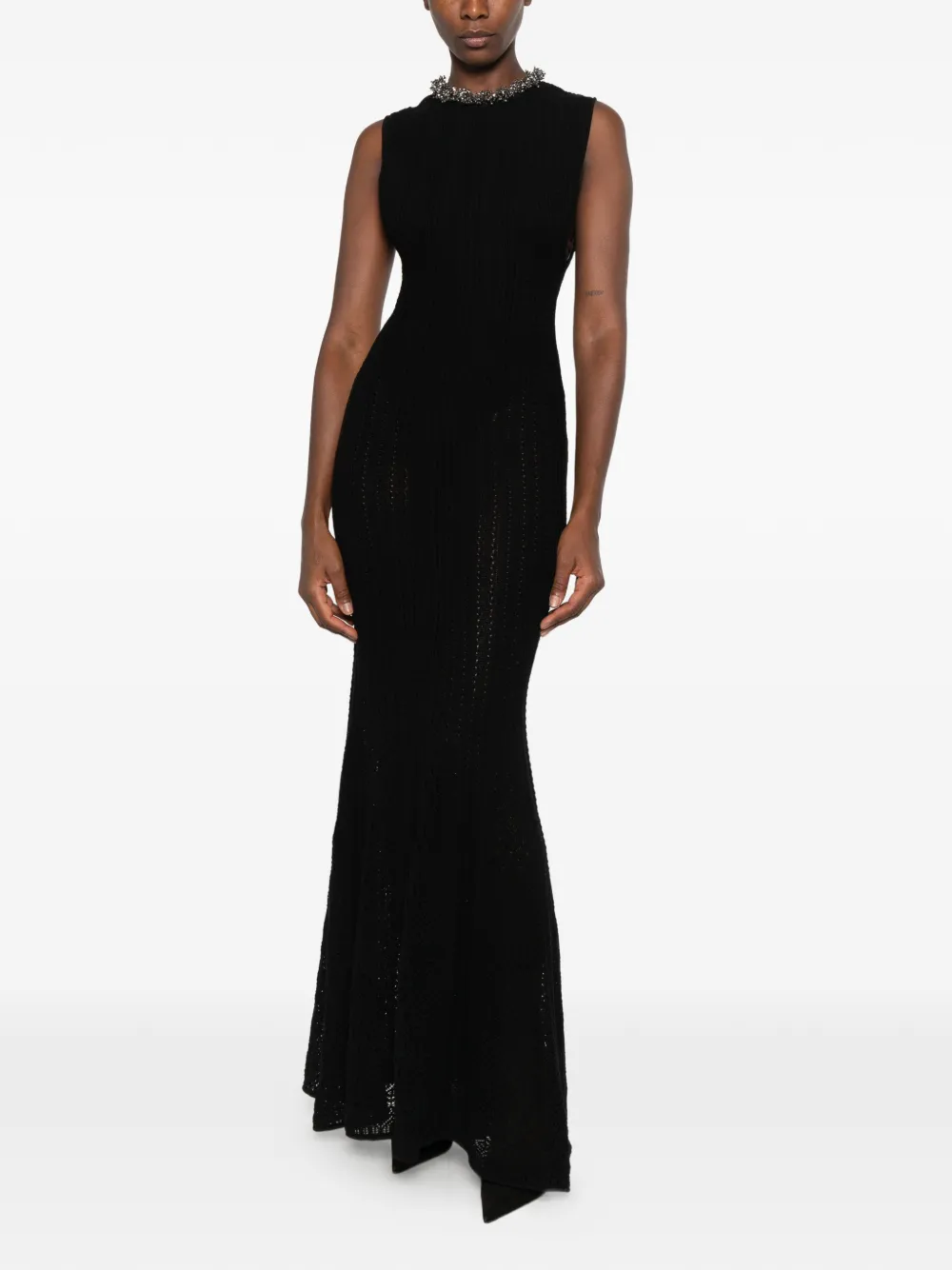 Self-Portrait crystal-embellished ribbed-knit maxi dress Zwart