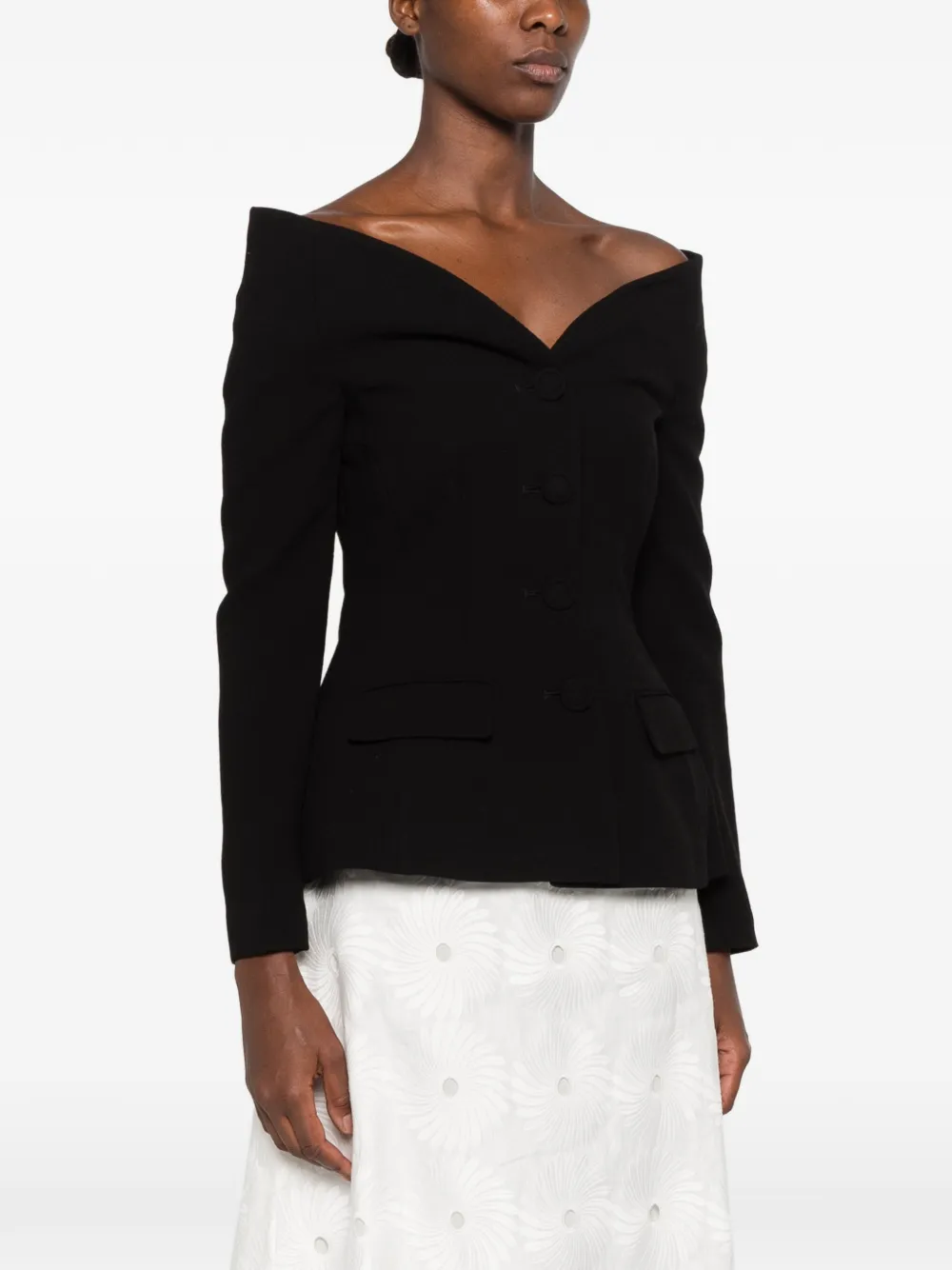 Self-Portrait off-shoulder button-up jacket Zwart