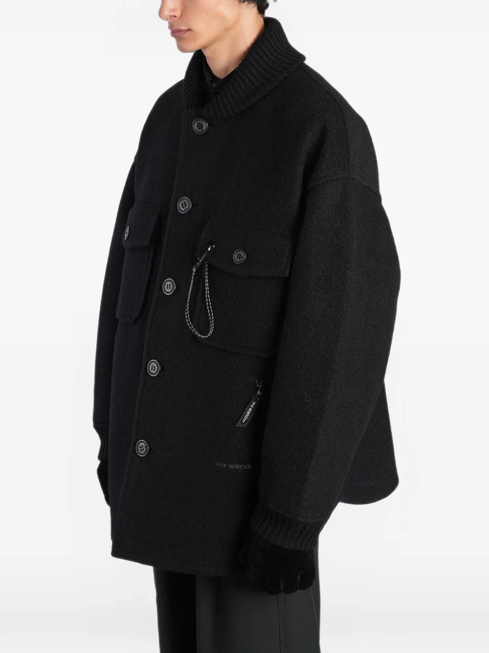 and Wander ribbed-knit-collar button-up coat Zwart