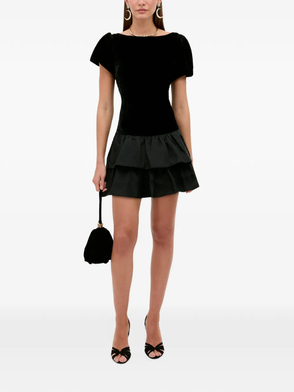 Rixo Anabella velvet tiered mini dress Zwart