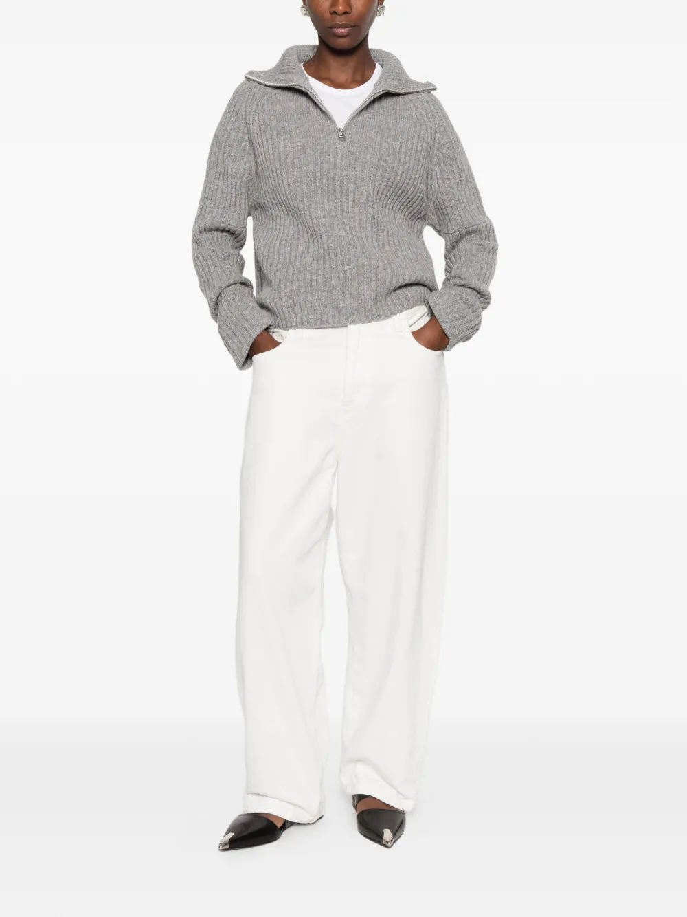 La Piscine ribbed-knit zip-neck sweater Grijs