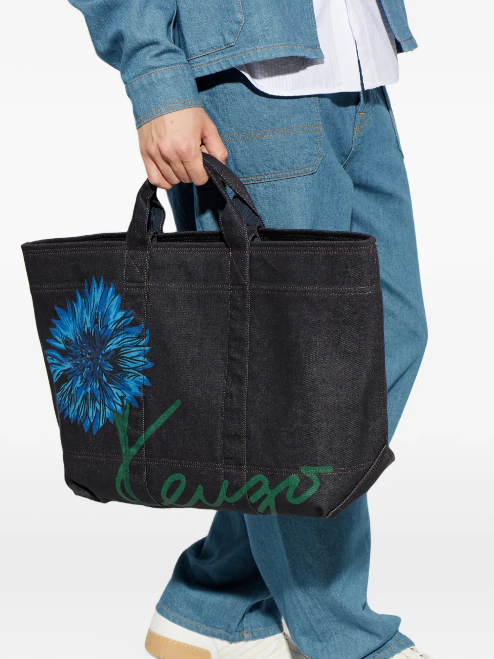 Kenzo floral-motif denim tote bag Zwart