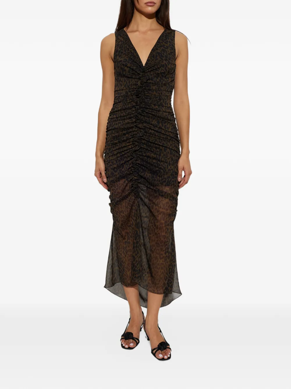 ROTATE BIRGER CHRISTENSEN Midi-jurk met ruches en luipaard-print Bruin