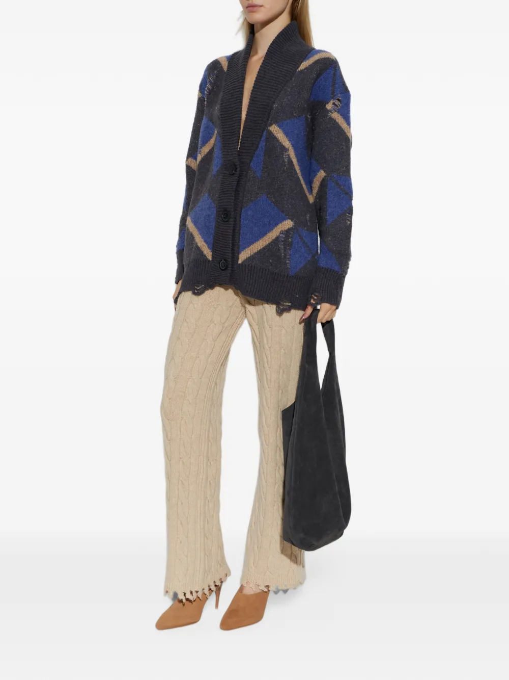 Akep Kabelgebreide broek met gerafeld effect Beige