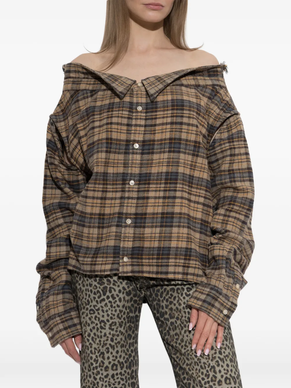 R13 off-shoulder plaid shirt Bruin