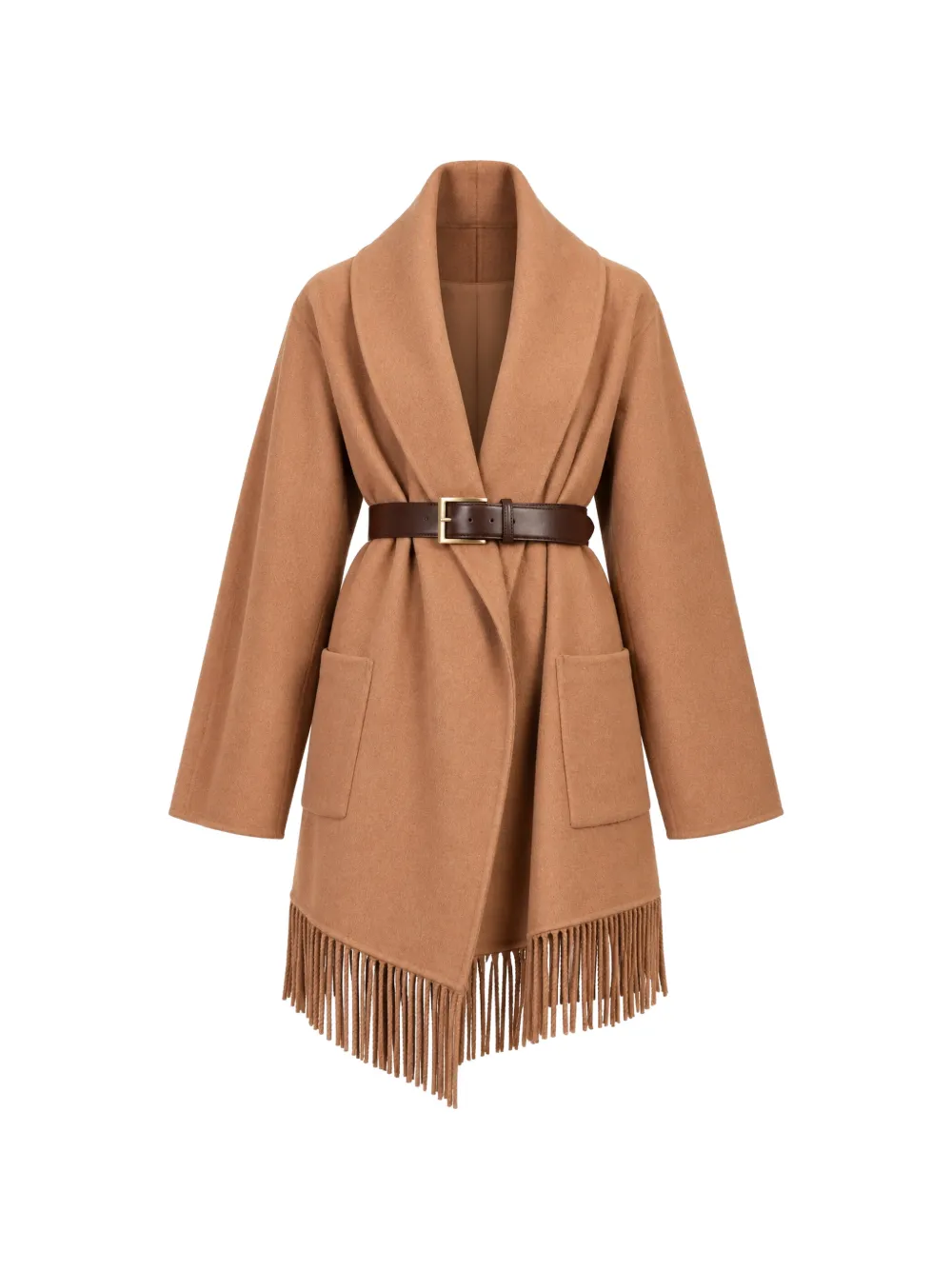 VICOLO belted fringe-trim coat - Braun