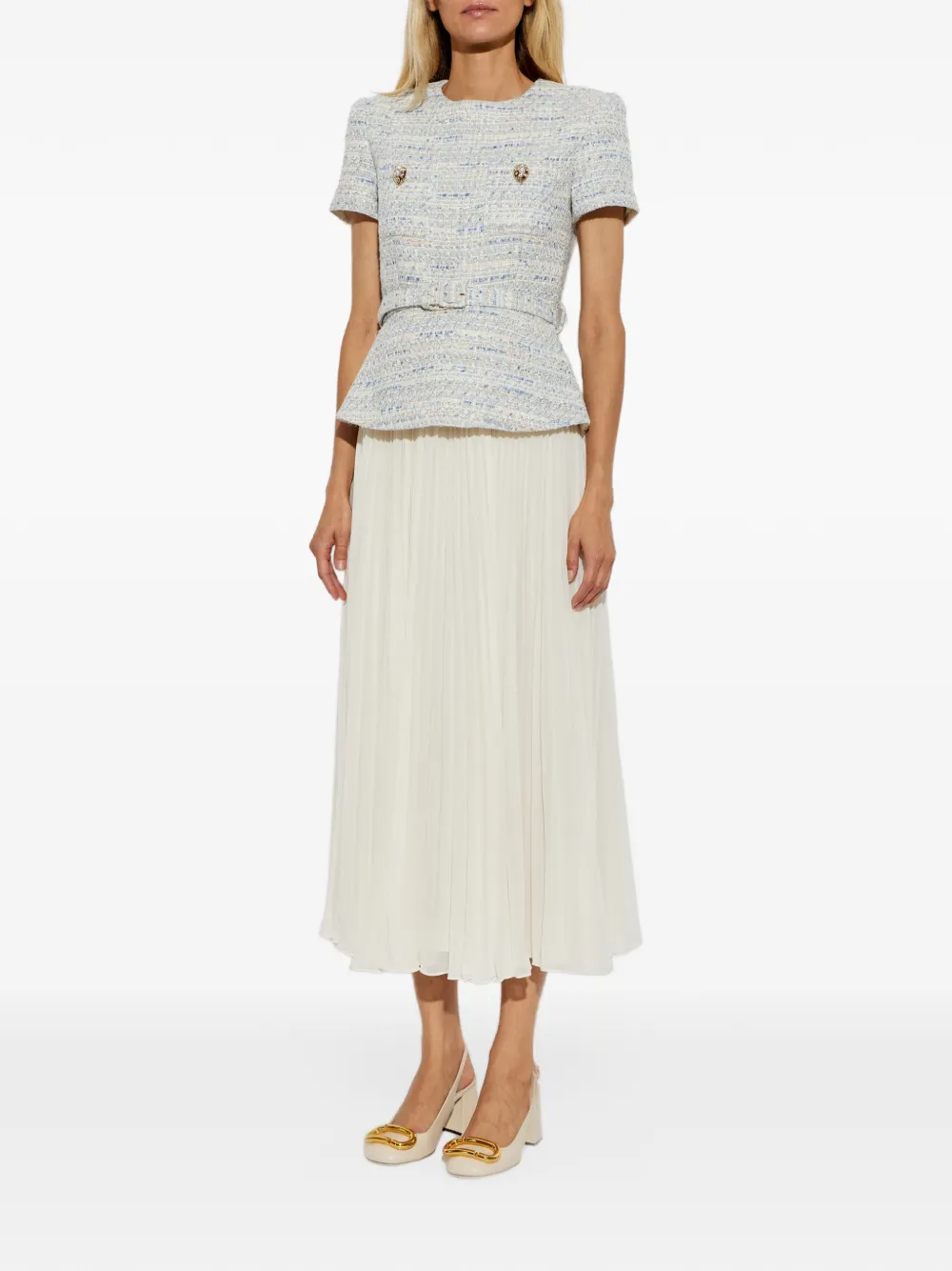 Self-Portrait Bouclé chiffon midi-jurk Beige