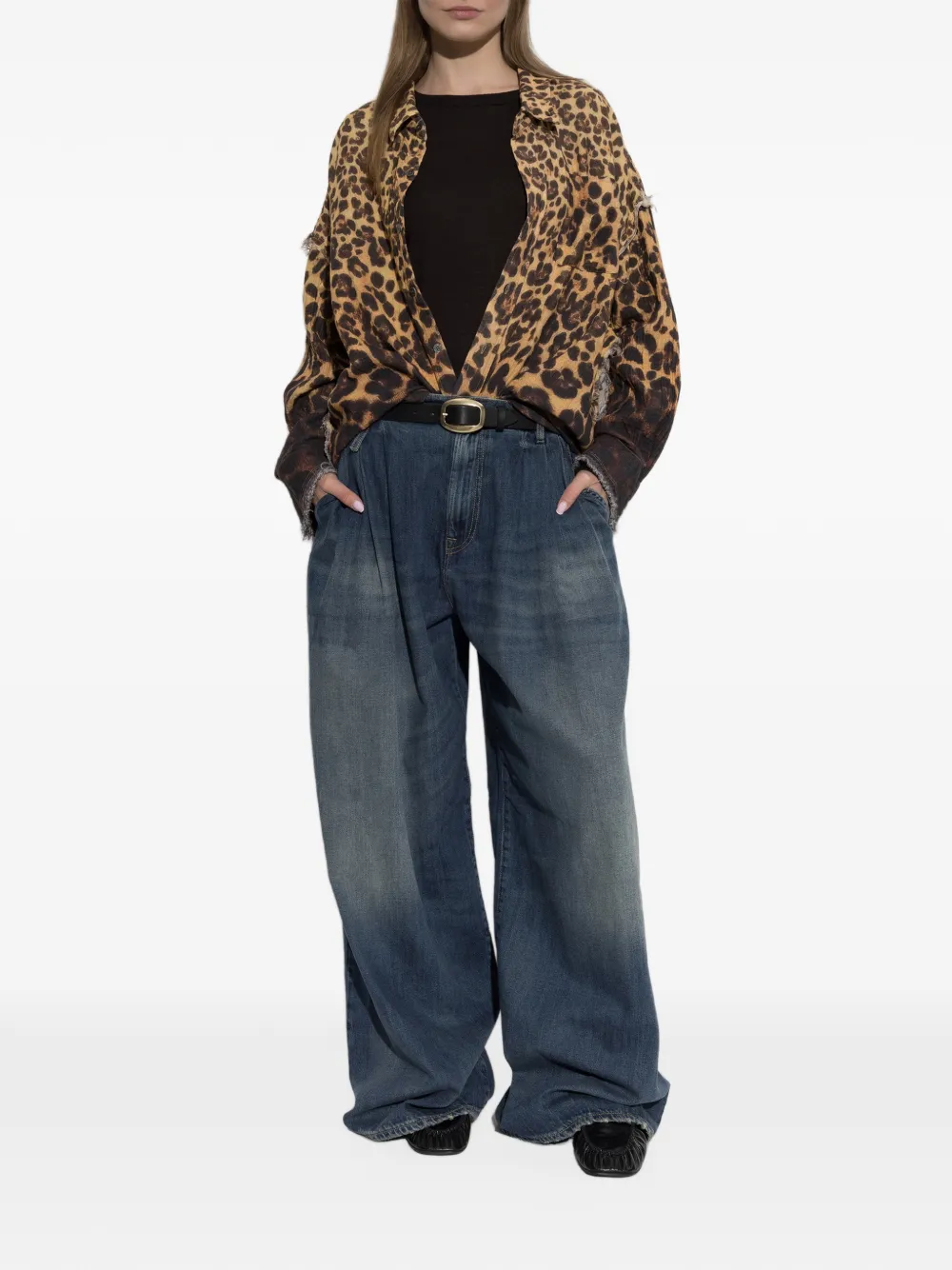 R13 Blouse met luipaard-print en gerafelde afwerking Bruin