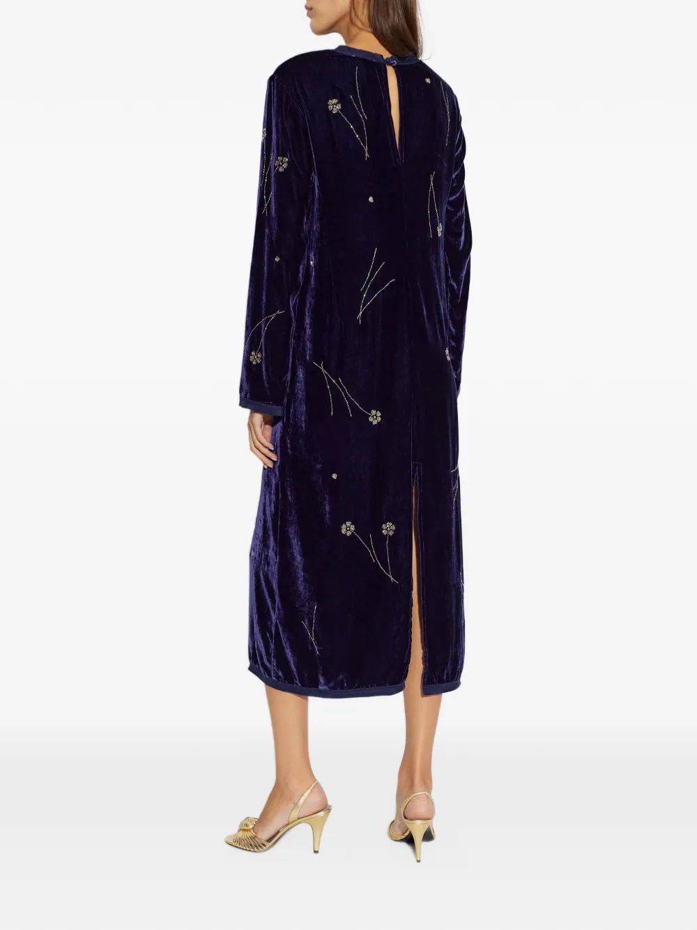 Forte Fleurs d'Orient fluwelen midi-jurk met kralen en bloemen Blauw