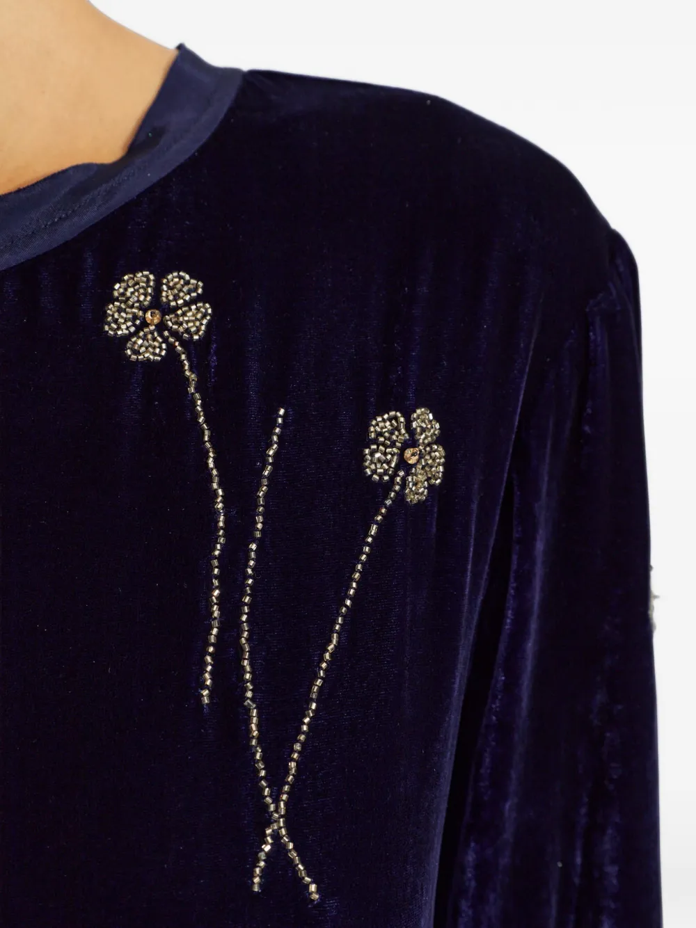 Forte Fleurs d'Orient fluwelen midi-jurk met kralen en bloemen Blauw