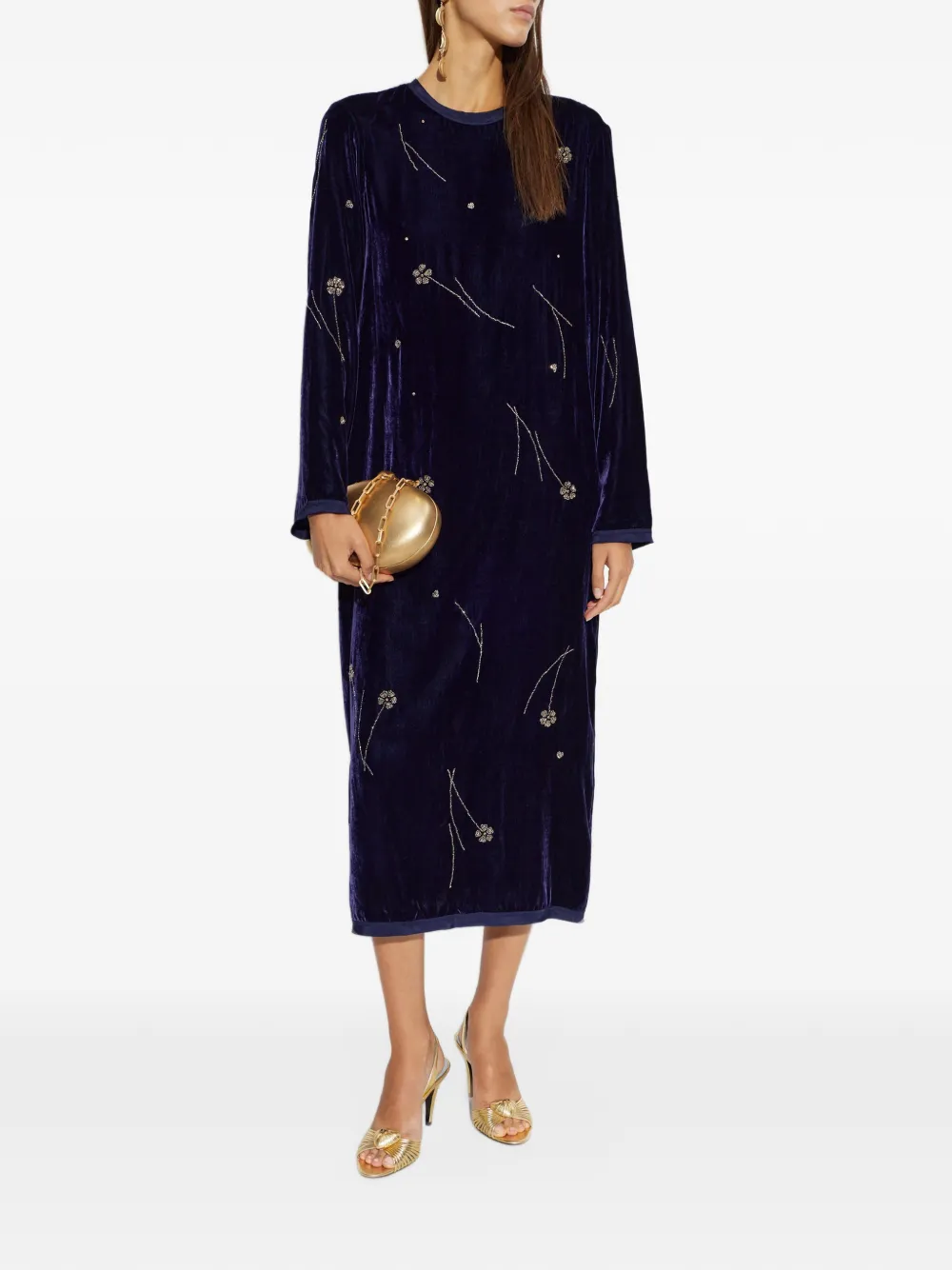 Forte Fleurs d'Orient fluwelen midi-jurk met kralen en bloemen Blauw