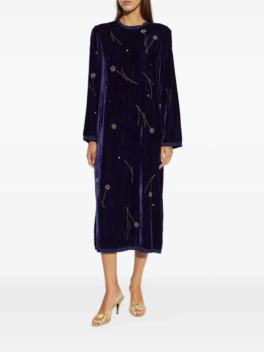 Forte Fleurs d'Orient fluwelen midi-jurk met kralen en bloemen Blauw